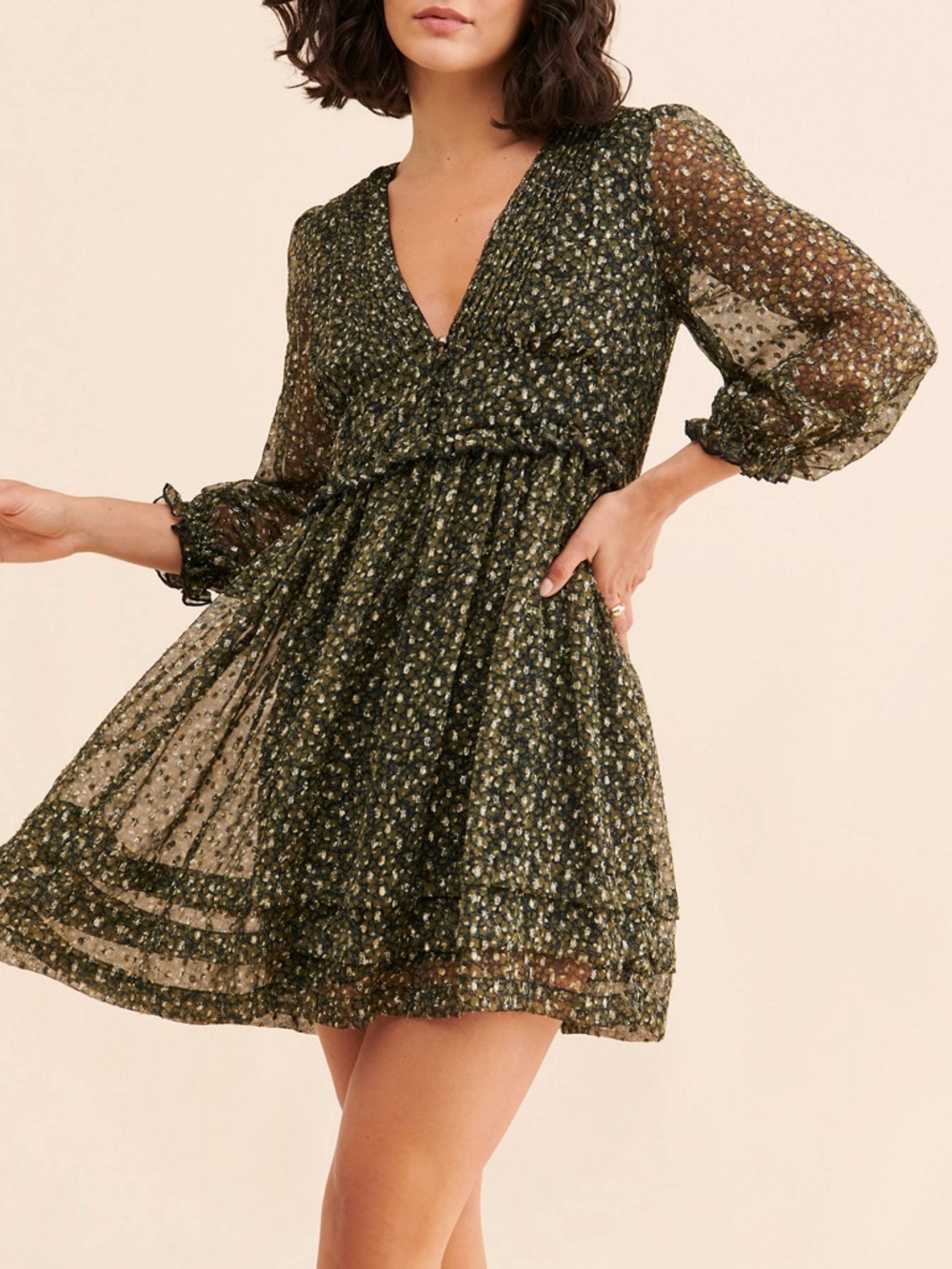 Urban Outfitters UO Cheetah Print
Chiffon Mini Dress Green Ruffle Pintuck